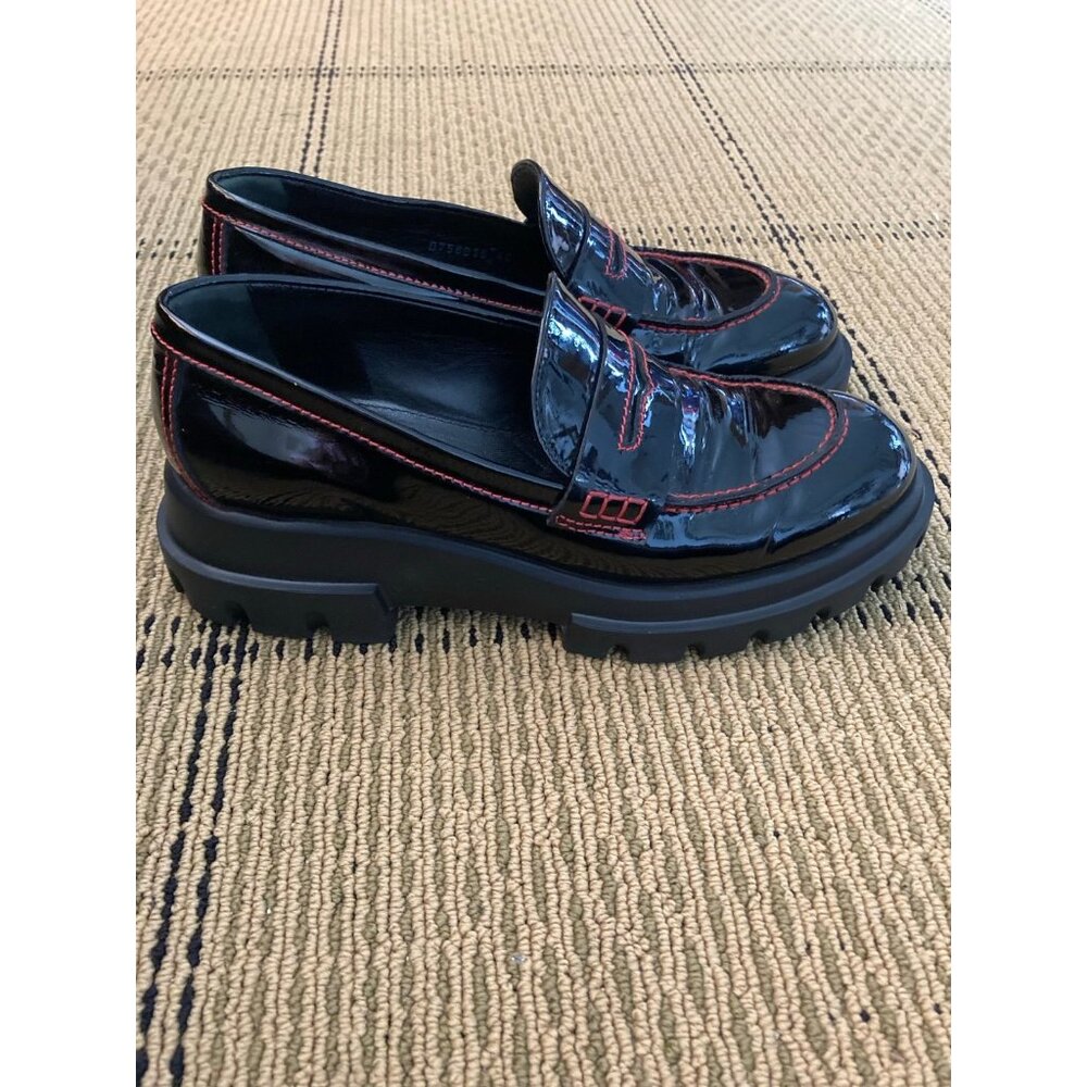 AGL Like New Black Patent Leather Whipstich Trim Loafers Size 9.5 MSRP $595